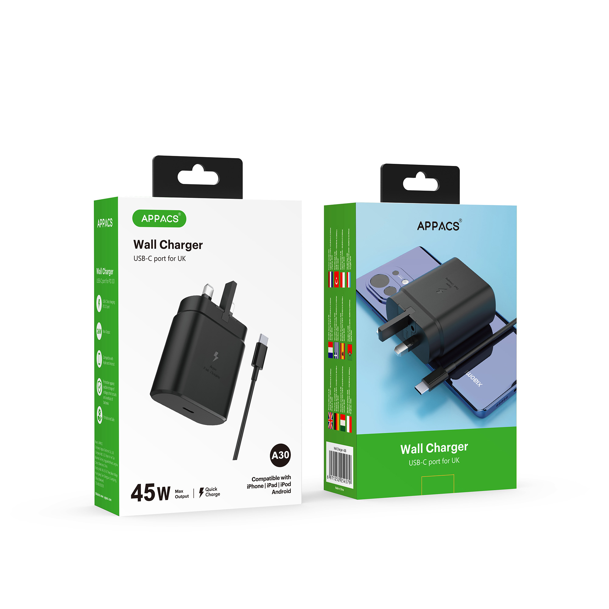 A30 Type-C Charger 45W Super Fast Charging UK Plug - APPACS